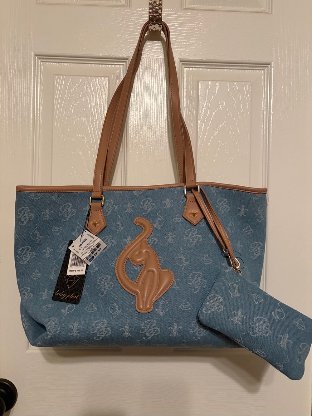 NWT Baby Phat Blue denim Tote with Tan Trim and Baby Phat logo